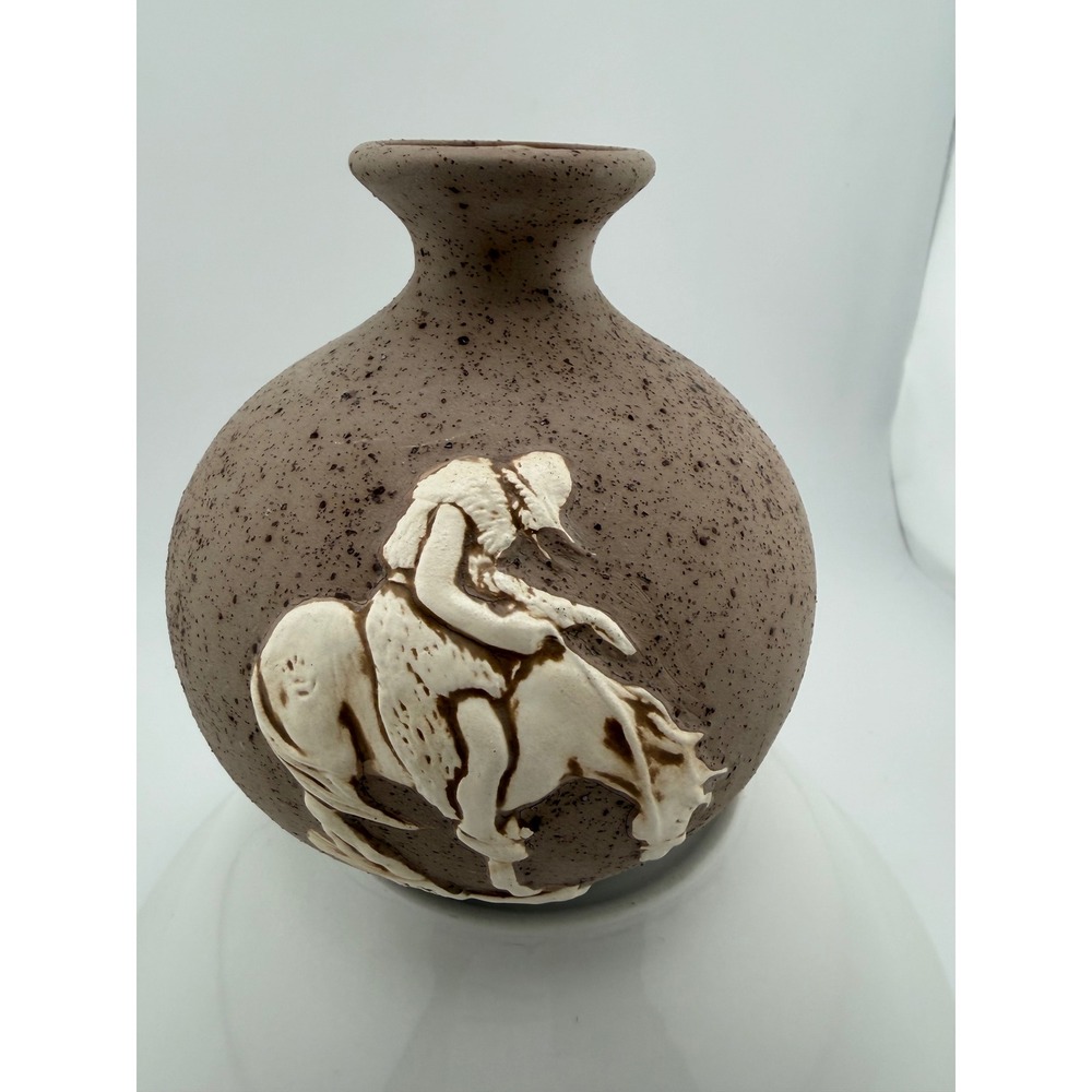 Leone Kuhne Earthtones Pottery Vase Western Cowboy Bucking Bronco Brown Speckled